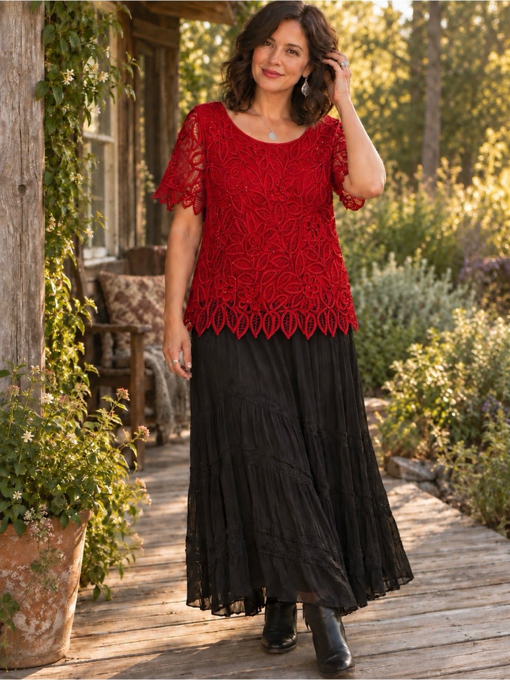 Vintage Silken Poetry Red Silk Beaded Floral Lace Blouse XL Fits L